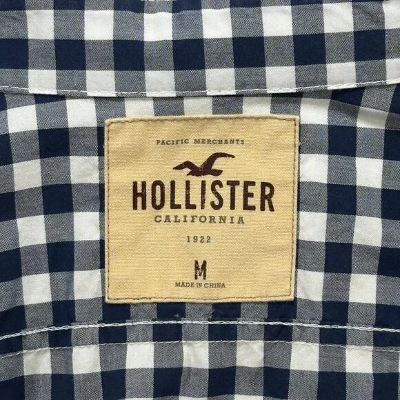 Hollister Navy Blue White Check Long Sleeve Preppy Button Down Shirt Size M - Picture 2 of 10